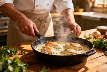 Chef européen dans une cuisine rustique préparant une fricassée de volaille crémeuse dans une casserole en fonte