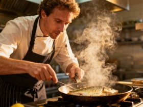 Chef européen cuisinant un john dory meunière dans une cuisine professionnelle avec poêle fumante et lumière naturelle