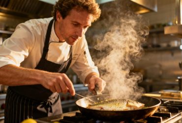 Chef européen cuisinant un john dory meunière dans une cuisine professionnelle avec poêle fumante et lumière naturelle