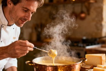 Chef européen préparant une fondue savoyarde dans une cuisine rustique, avec du fromage fondu et de la vapeur montante