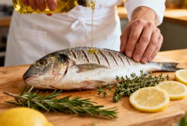 Chef caucasien préparant un sar frais avec des tranches de citron et des herbes mediterranéennes sur une planche en bois