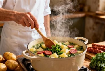 Chef cuisinier préparant une soupe caldo verde avec pommes de terre et chorizo dans une casserole