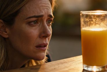 Femme d'âge moyen avec une expression inquiète tenant un verre de jus d'orange devant elle, éclairage naturel