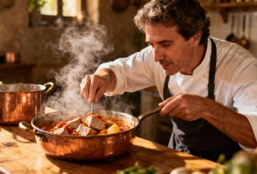Chef européen préparant un marmitako, ragoût de thon basque, dans une cuisine rustique avec des ingrédients frais