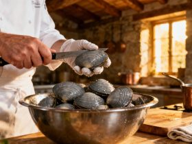 Chef européen préparant des palourdes grises fraîches dans une cuisine rustique, avec une lumière naturelle douce