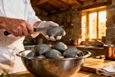 Chef européen préparant des palourdes grises fraîches dans une cuisine rustique, avec une lumière naturelle douce