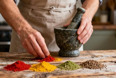 Chef européen préparant des alternatives colorées aux épices sur une table en bois avec des détails réalistes