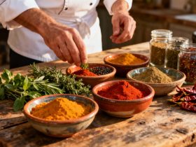 Chef européen préparant un assortiment d'épices colorées sur une table en bois rustique, avec des alternatives au paprika