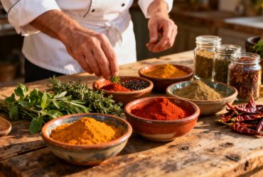 Chef européen préparant un assortiment d'épices colorées sur une table en bois rustique, avec des alternatives au paprika