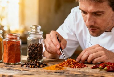 Chef européen disposant des épices colorées sur une table en bois sous une lumière naturelle