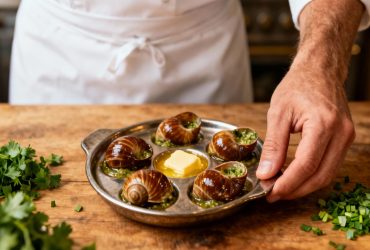 Chef européen en train de préparer des escargots de Bourgogne avec un beurre persillé, sur une planche en bois