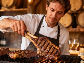Caucasian chef grilling txuleta basque beef rib with visible grill marks in rustic cidery setting