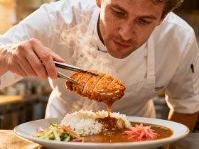 Chef japonais préparant un katsu curry avec porc pané croustillant et sauce curry maison dans une cuisine professionnelle