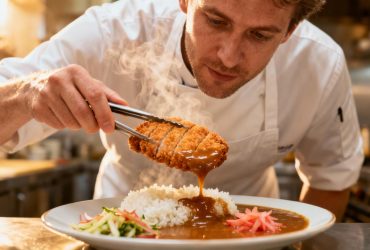 Chef japonais préparant un katsu curry avec porc pané croustillant et sauce curry maison dans une cuisine professionnelle