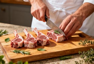 Chef européen coupant des côtelettes d'agneau maigres sur une planche en bois avec des herbes fraîches