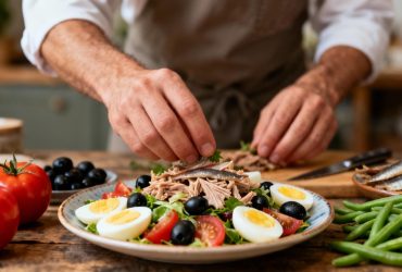 Chef européen préparant une salade niçoise traditionnelle avec des ingrédients frais et colorés