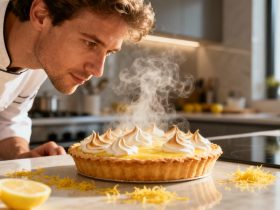 Chef européen préparant une tarte au citron meringuée dans une cuisine moderne avec zestes et vapeur visibles