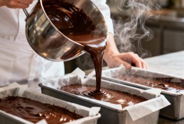 Chef versant du chocolat fondu dans des moules à pâtisserie, avec une texture lisse et de la vapeur visible