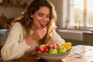 Femme européenne souriante devant une assiette de fruits variés sur une table en bois, lumière naturelle
