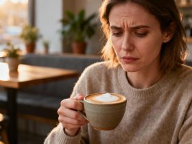 Jeune femme européenne avec une expression préoccupée sirotant un latte dans un café moderne avec éclairage naturel doux