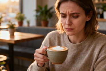 Jeune femme européenne avec une expression préoccupée sirotant un latte dans un café moderne avec éclairage naturel doux