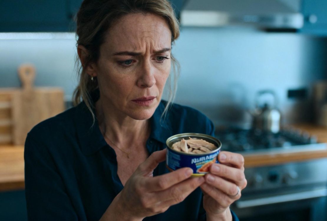 Femme européenne préoccupée examinant une boîte de thon dans une cuisine moderne avec éclairage naturel