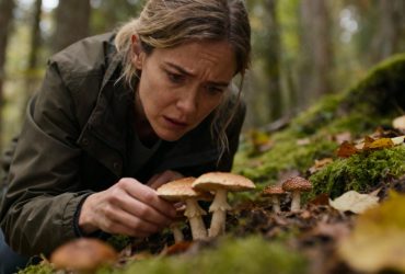 Femme européenne examinant attentivement des champignons sauvages dans une forêt avec une expression préoccupée