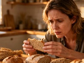 Femme européenne préoccupée examinant attentivement des produits à base de blé dans une cuisine éclairée naturellement