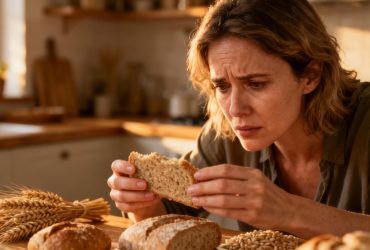 Femme européenne préoccupée examinant attentivement des produits à base de blé dans une cuisine éclairée naturellement