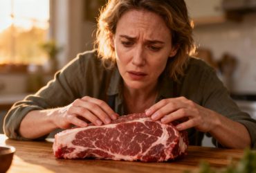 Femme européenne examinant attentivement une portion de viande de bœuf fraîche posée sur un plan de travail de cuisine