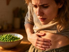 Femme européenne montrant des signes d'inconfort digestif après avoir consommé trop de petits pois