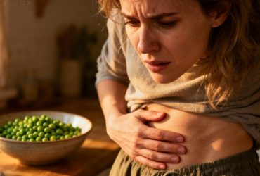 Femme européenne montrant des signes d'inconfort digestif après avoir consommé trop de petits pois
