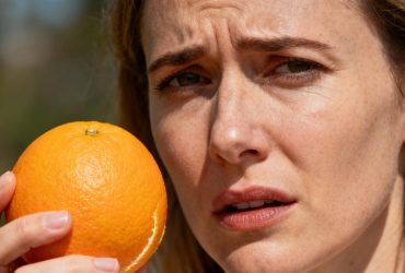 Femme européenne tenant une orange fraîche avec une expression inquiète, éclairée par une lumière naturelle chaude