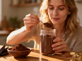 Femme européenne en train de préparer une poudre de caroube saine comme alternative au chocolat dans une cuisine