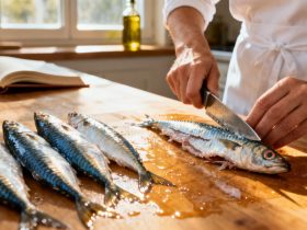 Femme européenne préparant des sardines fraîches sur un plan de travail de cuisine, avec lumière naturelle et textures réalistes