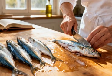 Femme européenne préparant des sardines fraîches sur un plan de travail de cuisine, avec lumière naturelle et textures réalistes