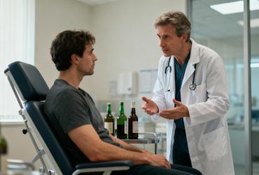 Médecin européen d'âge moyen discutant sérieusement des risques sanitaires de l'alcool avec un patient en consultation