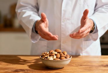 Nutritioniste montrant les portions recommandées de noix sur une table en bois avec mesurette et bol