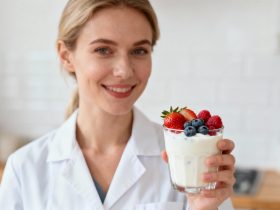 Nutritioniste tenant un bol de yaourt nature avec des fruits frais dans une cuisine bien éclairée