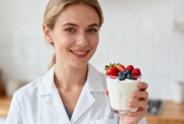 Nutritioniste tenant un bol de yaourt nature avec des fruits frais dans une cuisine bien éclairée