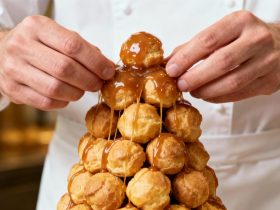 Patissier professionnel assemblant délicatement une pièce montée de croquembouche avec glaçage caramel doré