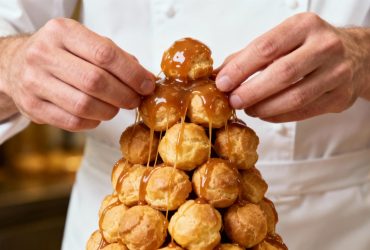 Patissier professionnel assemblant délicatement une pièce montée de croquembouche avec glaçage caramel doré