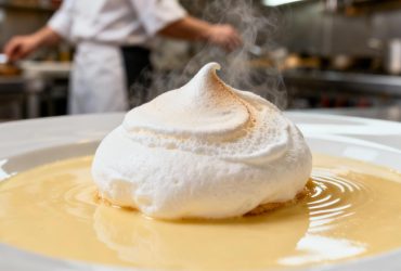 Pâtissier préparant une île flottante avec meringue pochée sur crème anglaise vanillée