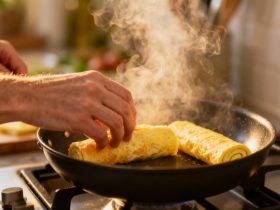 Mains en train de préparer un tamagoyaki, omelette japonaise roulée, dans une poêle avec de la vapeur qui s'échappe